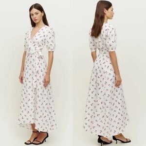 Reformation Weiss cherry print linen wrap dress size XL